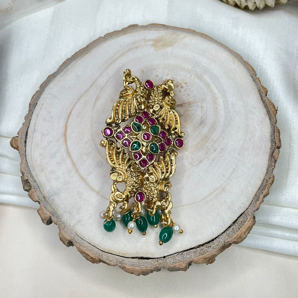 High Quality Antique Peacock Style Kemp Stone Saree Pin