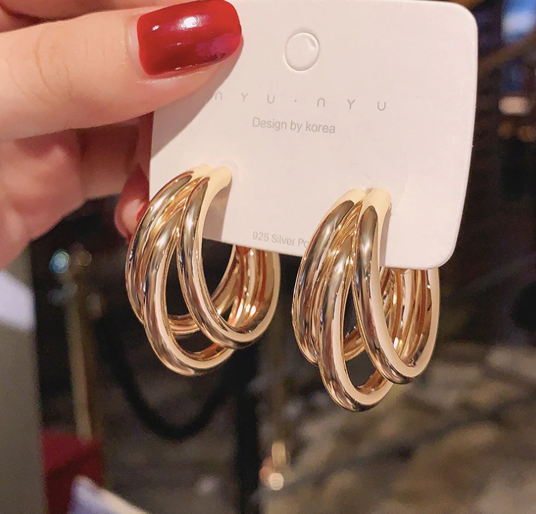 Korean Gold Plated Shiny Triple Hoop Earrings