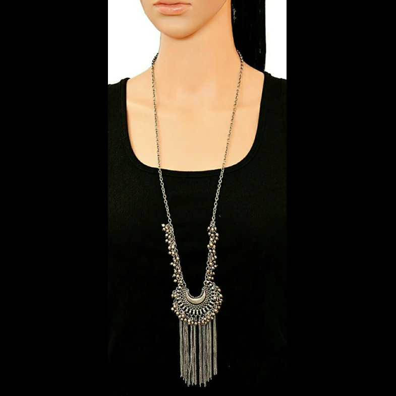 Oxidised Silver Hanging Jhumki Mang Tikka & Necklace