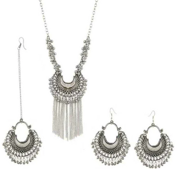 Oxidised Silver Hanging Jhumki Mang Tikka & Necklace