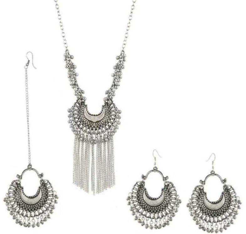 Oxidised Silver Hanging Jhumki Mang Tikka & Necklace