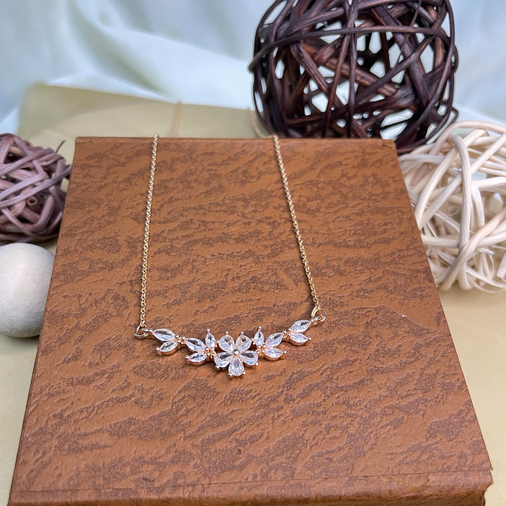Floral Gold Plated Diamond Pendant & Chain - Abdesignsjewellery