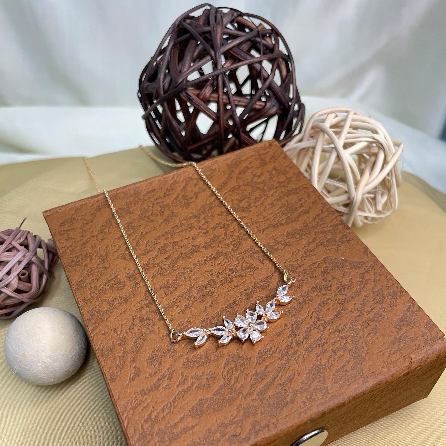 Floral Gold Plated Diamond Pendant & Chain - Abdesignsjewellery