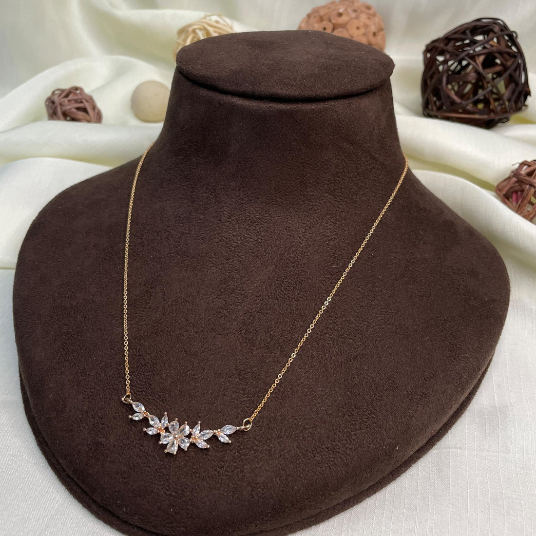 Floral Gold Plated Diamond Pendant & Chain - Abdesignsjewellery