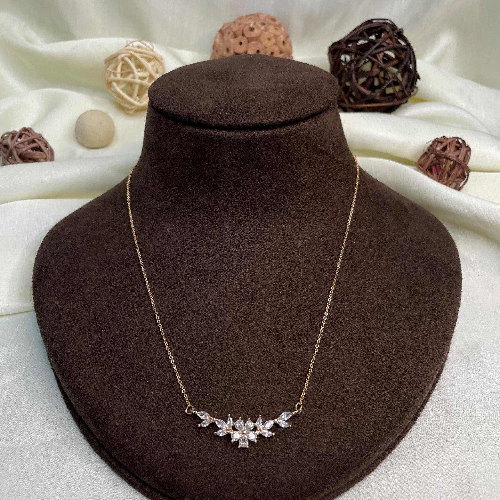 Floral Gold Plated Diamond Pendant & Chain - Abdesignsjewellery