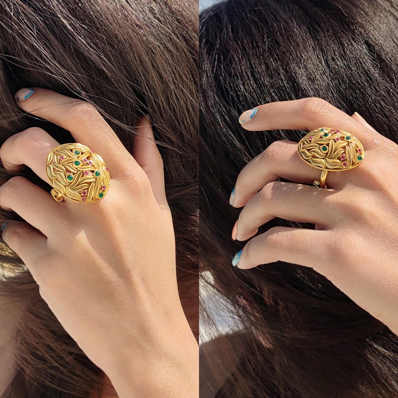 Kemp Stone Peacock Finger Ring - South India Jewels