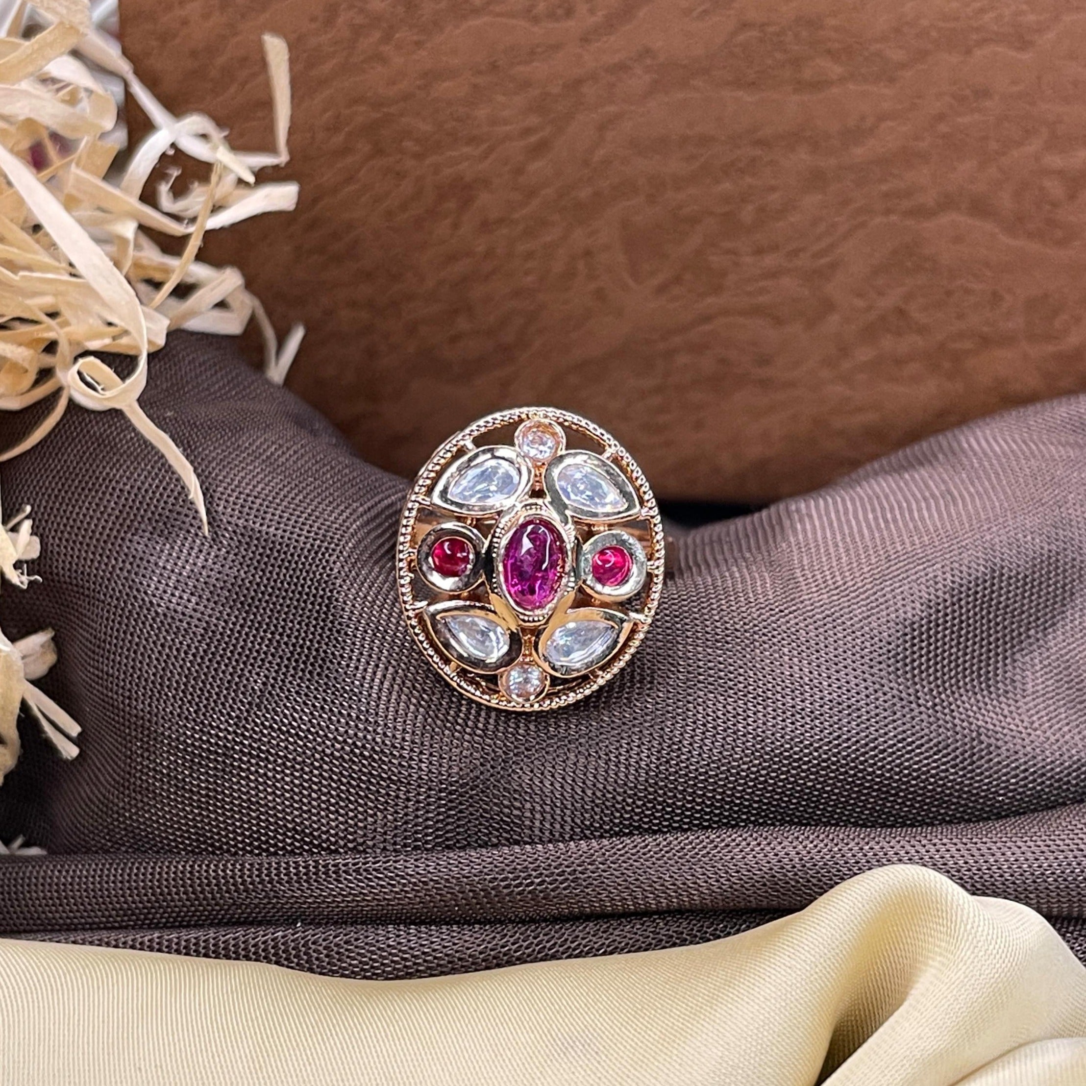 High Quality Rose Gold Plated Polki Kundan Ring