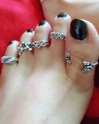 Thumbnail for Adjustable Fancy Silver Five Toe Rings Combo