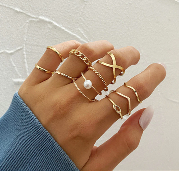 Gold Plated 10 Piece Infinity Chain Pearl Cross Ring Set - Abdesignsjewellery