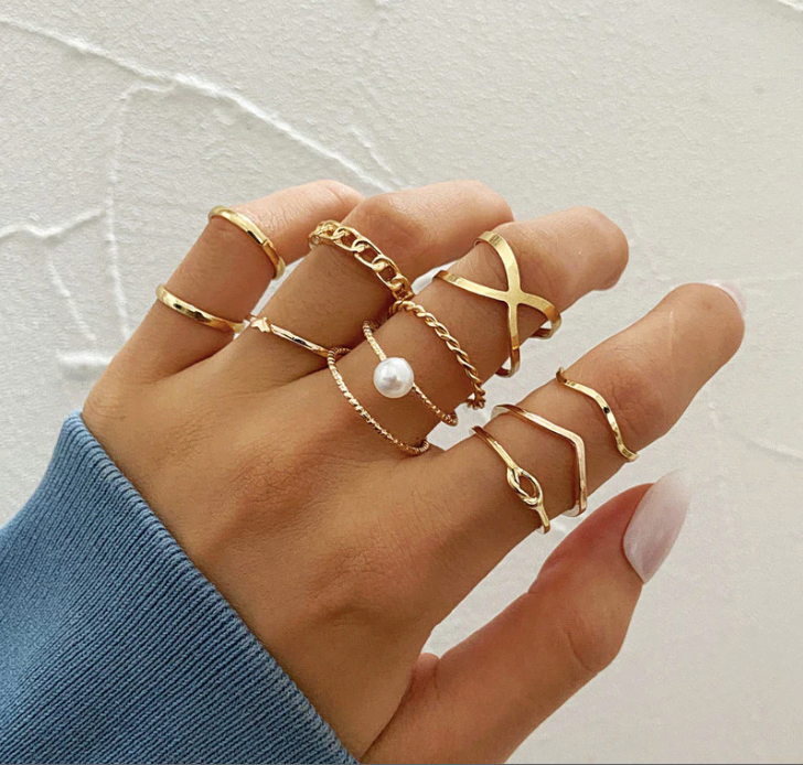 Gold Plated 10 Piece Infinity Chain Pearl Cross Ring Set - Abdesignsjewellery