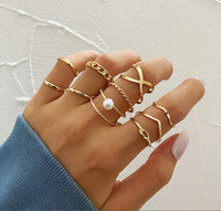 Thumbnail for Gold Plated 10 Piece Infinity Chain Pearl Cross Ring Set