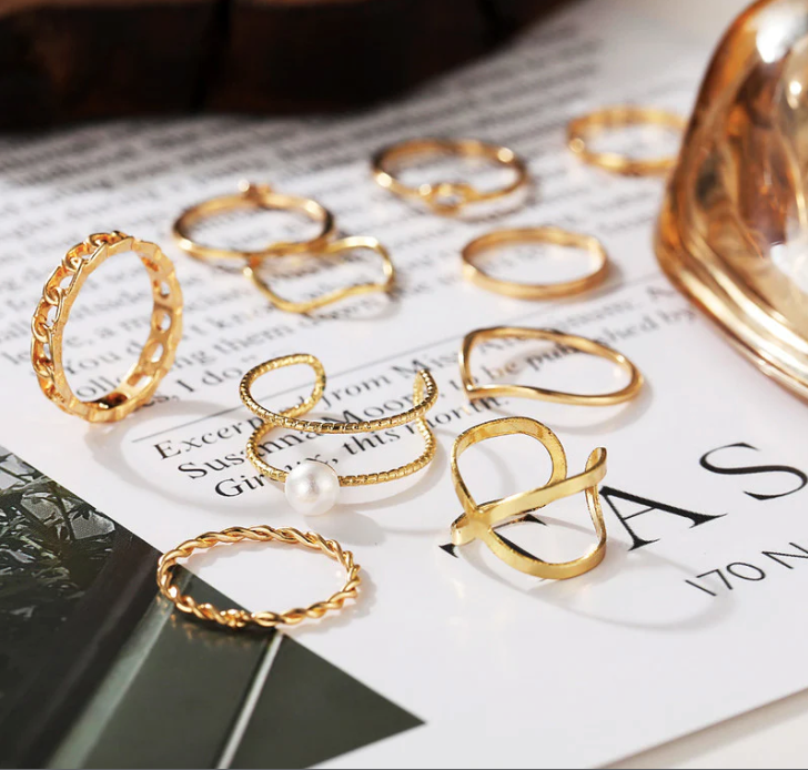 Gold Plated 10 Piece Infinity Chain Pearl Cross Ring Set - Abdesignsjewellery