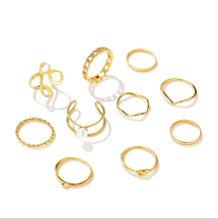 Gold Plated 10 Piece Infinity Chain Pearl Cross Ring Set