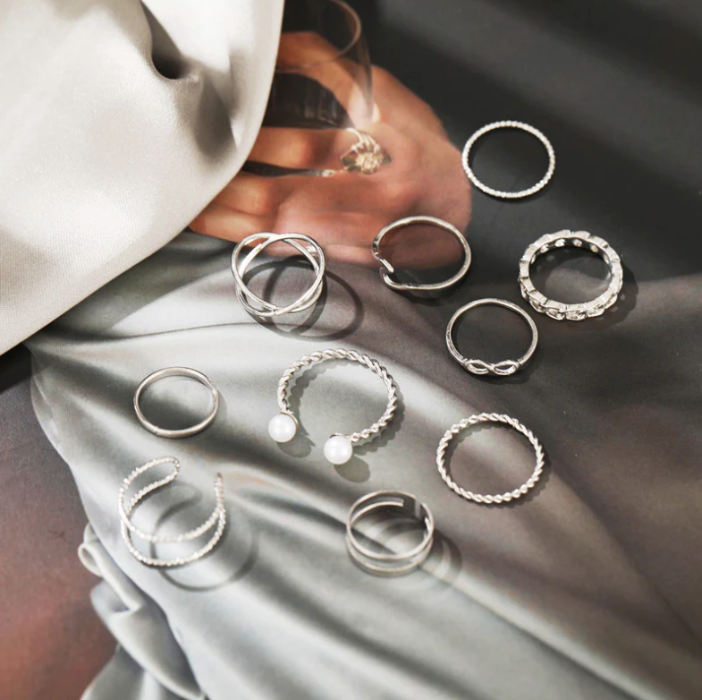 Silver 10 Piece Infinity Chain Pearl Cross Ring Set