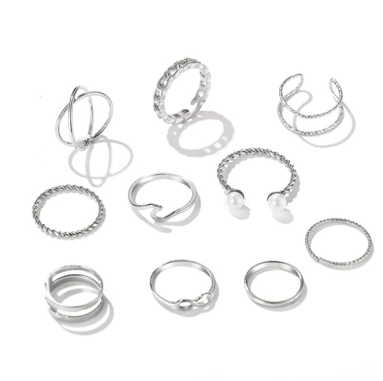 Silver 10 Piece Infinity Chain Pearl Cross Ring Set