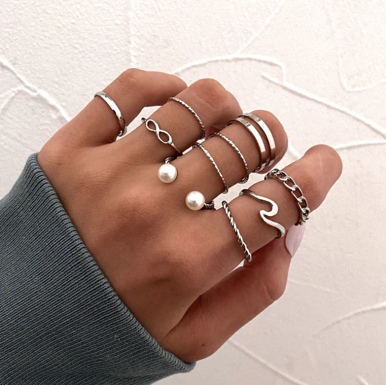 Silver 10 Piece Infinity Chain Pearl Cross Ring Set