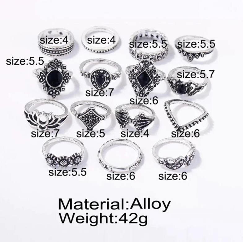 Silver Fifteen Pcs Vintage Floral Design Plushy Ring Set