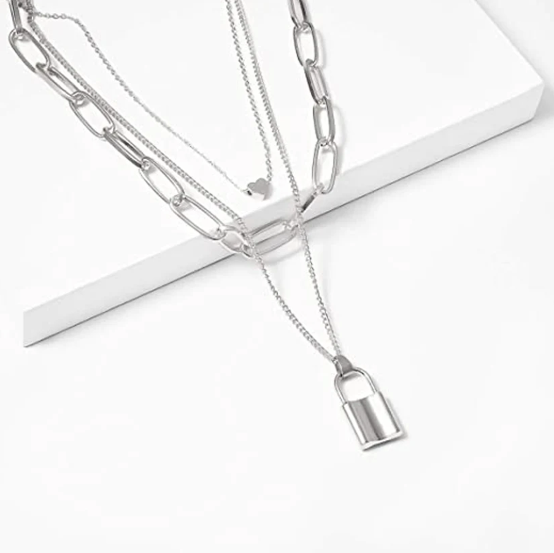 Daily Wear Silver Layered Heart and Lock Pendant