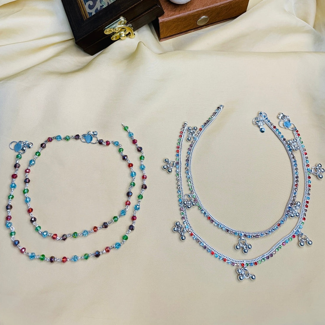 Multi Colour Silver Anklet Combo - Abdesignsjewellery