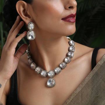 Silver Victorian Polki Jadau Glass Kundan Bridal Necklace
