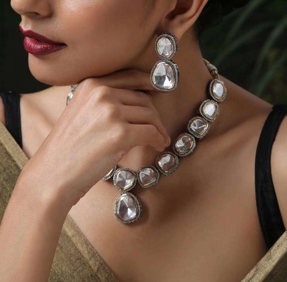 Silver Victorian Polki Jadau Glass Kundan Bridal Necklace