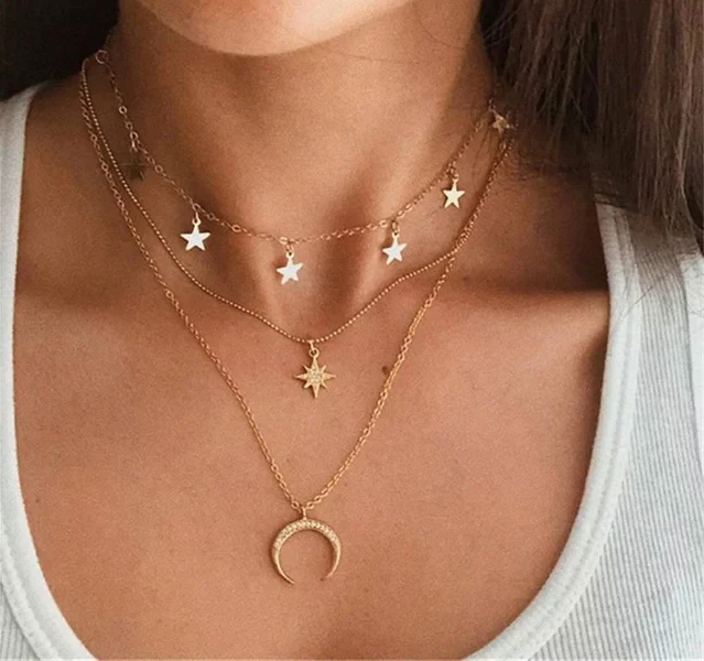 Daily Wear Triple Layered Stars Moon Pendant - Abdesignsjewellery
