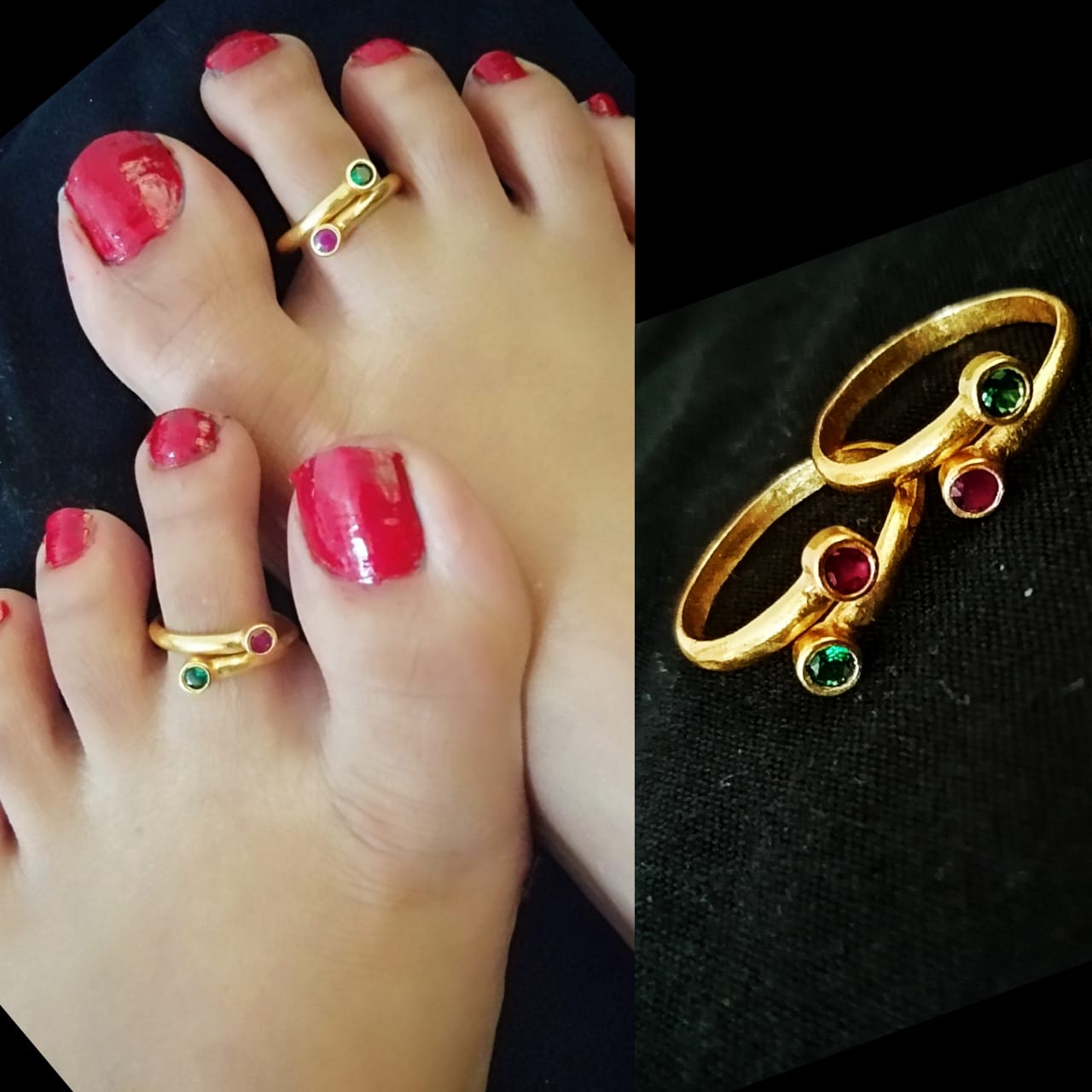 Green & Pink Gold Oxidised Toe Rings - Abdesignsjewellery