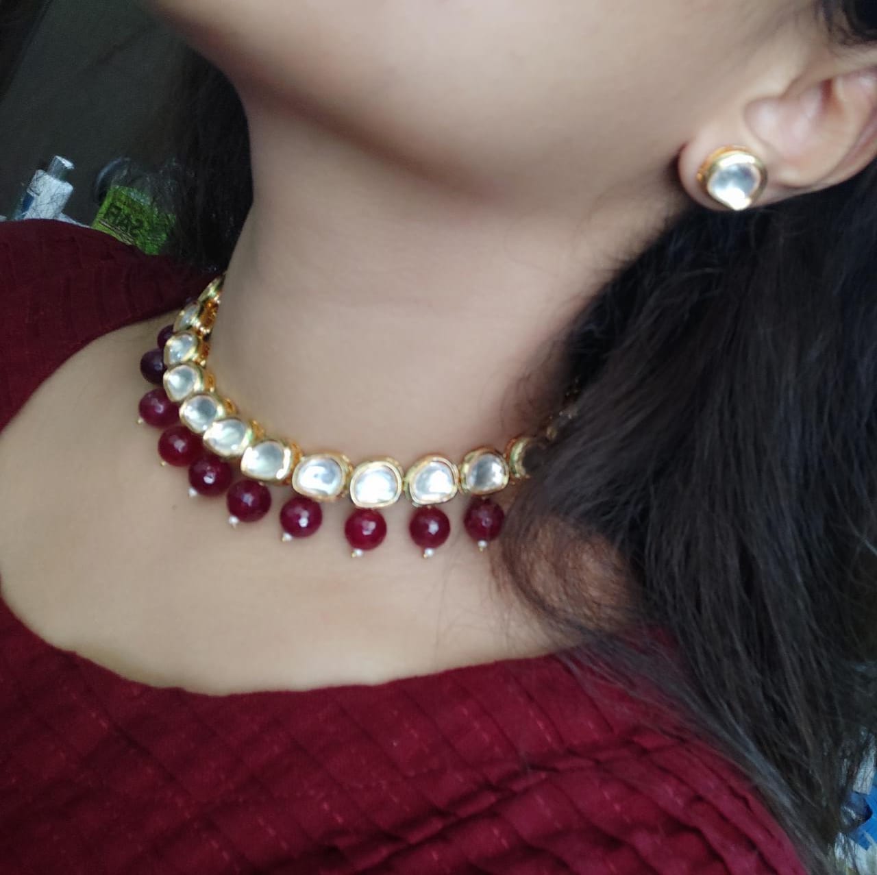 Gold Plated Red Drop Kundan Choker Necklace - Abdesignsjewellery