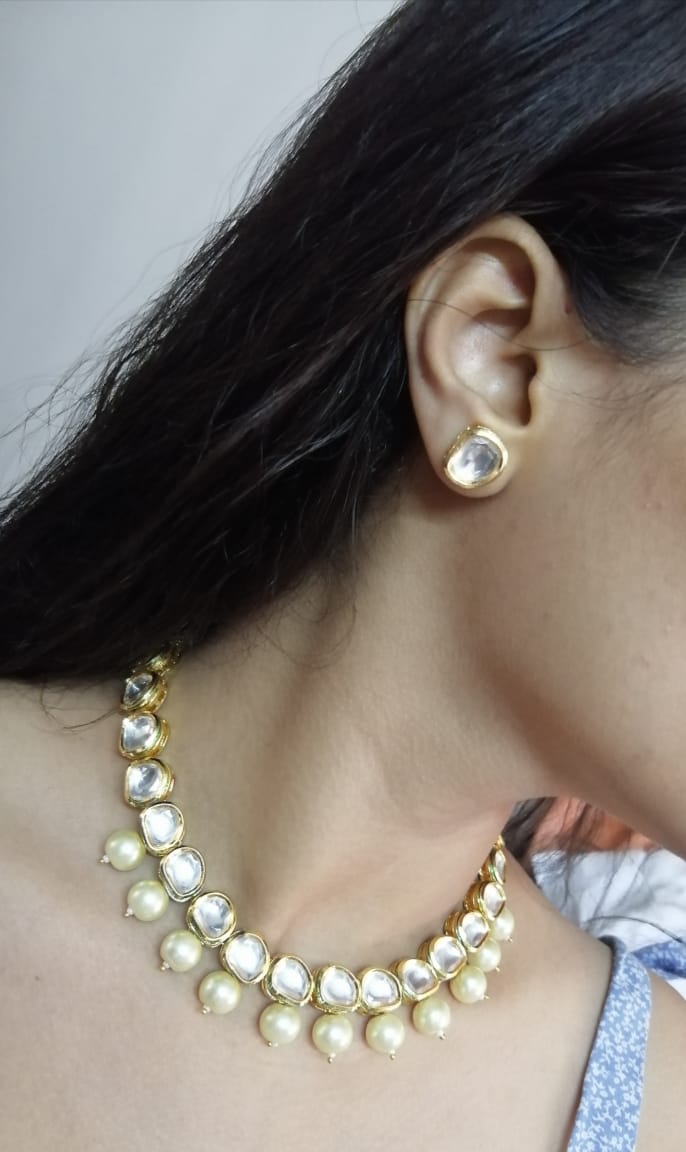 Gold Plated White Drop Kundan Choker Necklace - Abdesignsjewellery