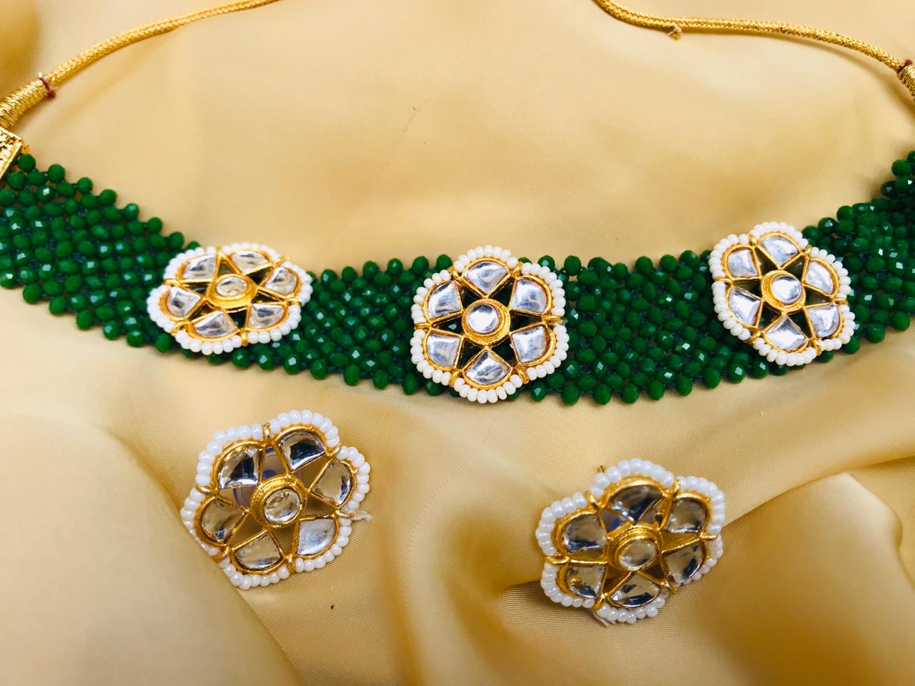 Green Kundan Beaded Choker Necklace - Abdesignsjewellery