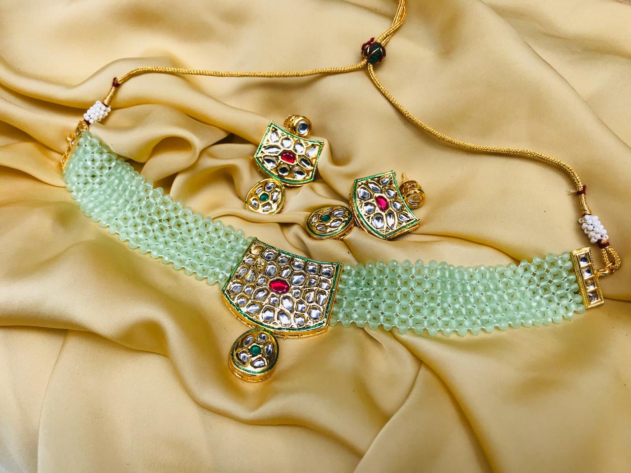 Pista Beads Green Choker Necklace