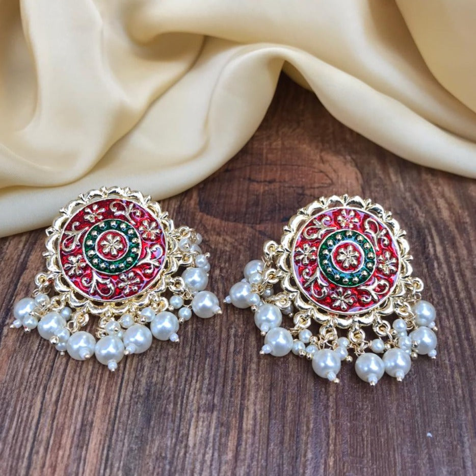 Buy Priyaasi Matte Gold Finish Pearl Drop Red-Green Meenakari Earrings  Online