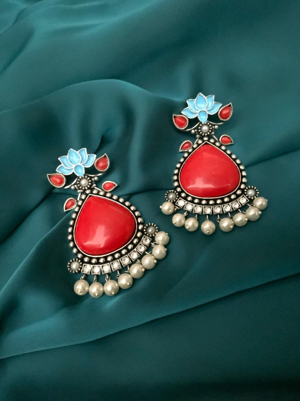 Red Lotus Design Pearl Drop Earrings