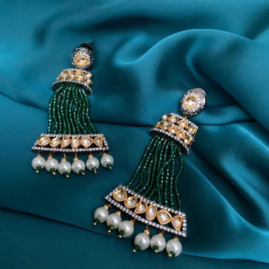 Green Handcrafted Kundan Beaded Pearl Drop Earring