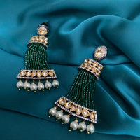 Thumbnail for Green Handcrafted Kundan Beaded Pearl Drop Earring