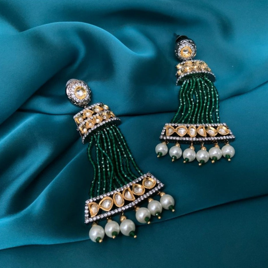 Green Handcrafted Kundan Beaded Pearl Drop Earring