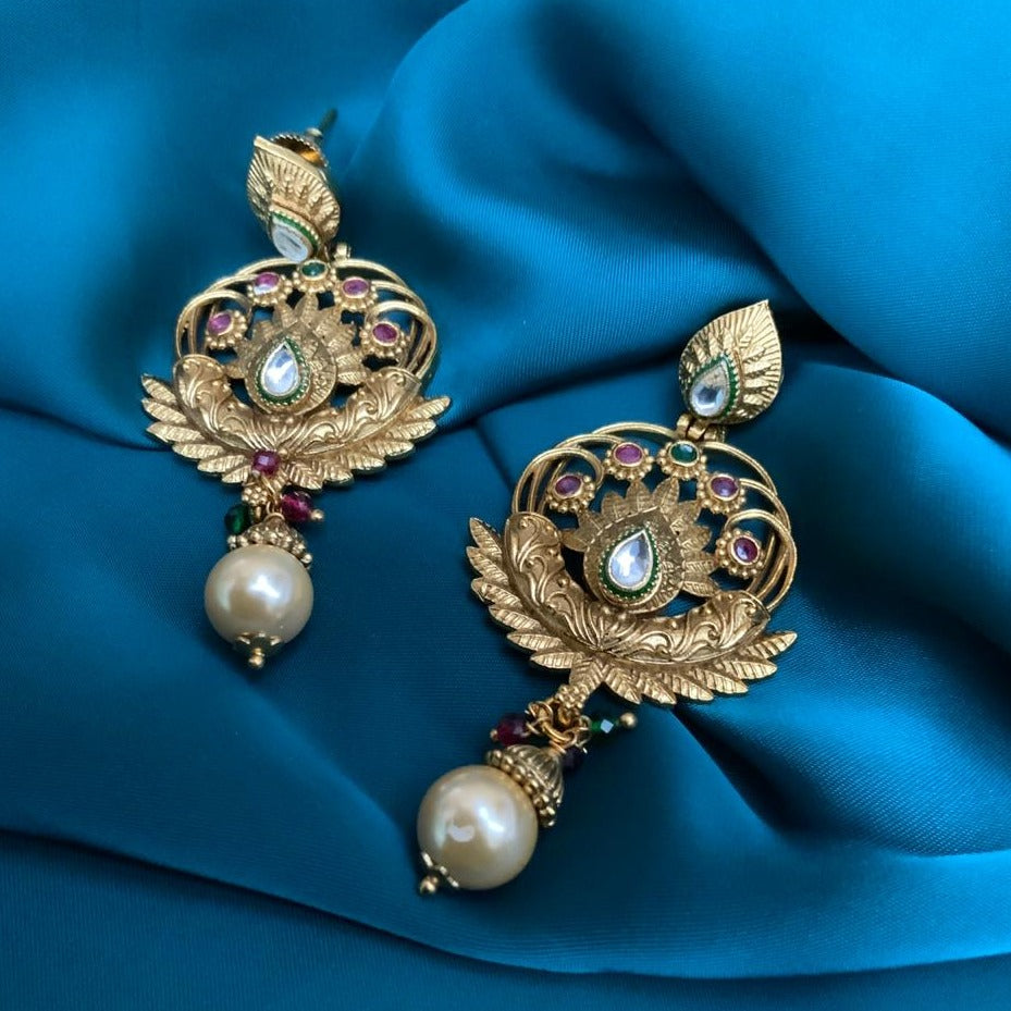 Attractive Multicolour Gold Tone Pearl Drop Kundan Earrings - Abdesignsjewellery