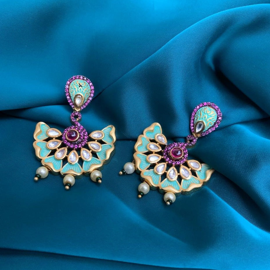 Gold Plated Kundan Pink Meenakari Pearl Drop Earring
