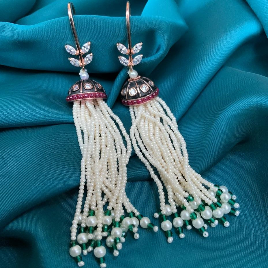 Meenakari Hanging Pearl White & Green Drop Earrings