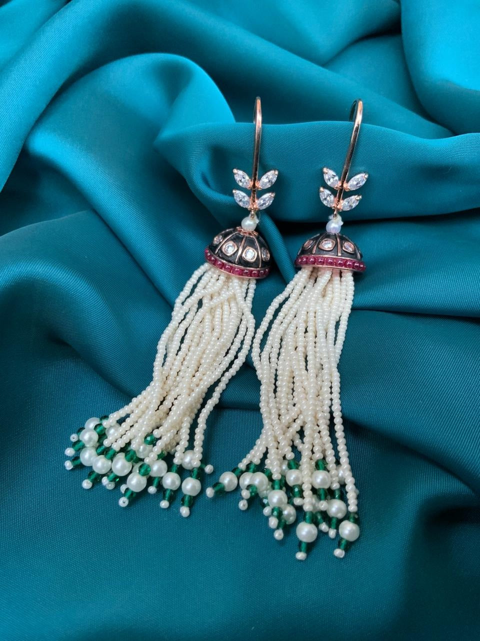 Meenakari Hanging Pearl White & Green Drop Earrings