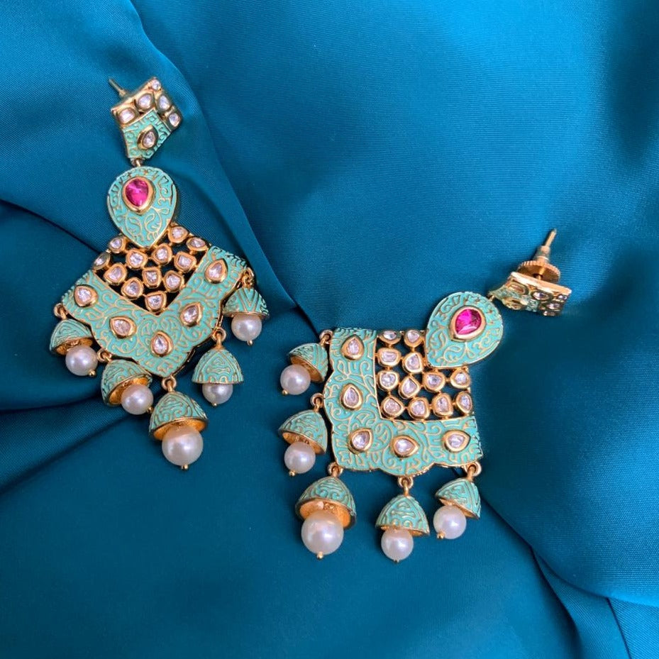Gold Plated High Quality Kundan Sky Blue Pearl Drop Earring