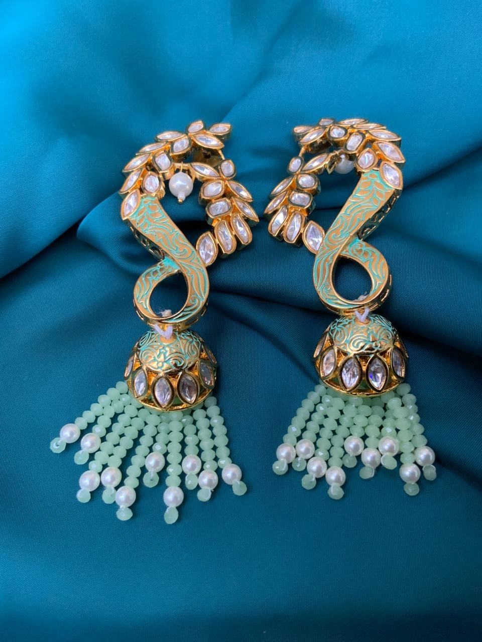 Traditional Meena Handwork Infinity Design Kundan Pearls Jhumka Earring