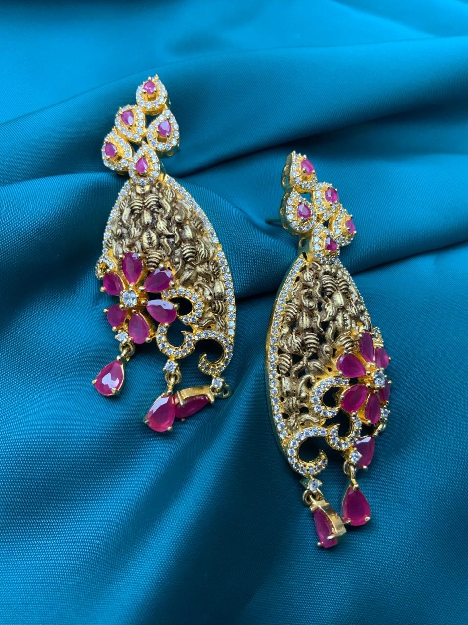 Pink One Flower Drop Shape American Diamond Earrings