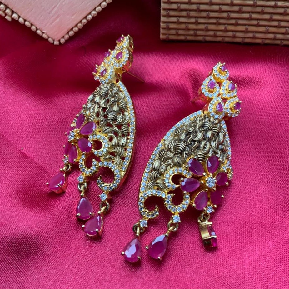 Pink One Flower Drop Shape American Diamond Earrings