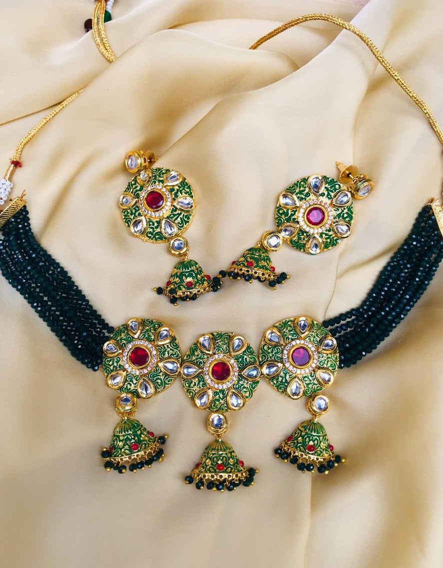 Green Antique Kundan Necklace Set - Abdesignsjewellery