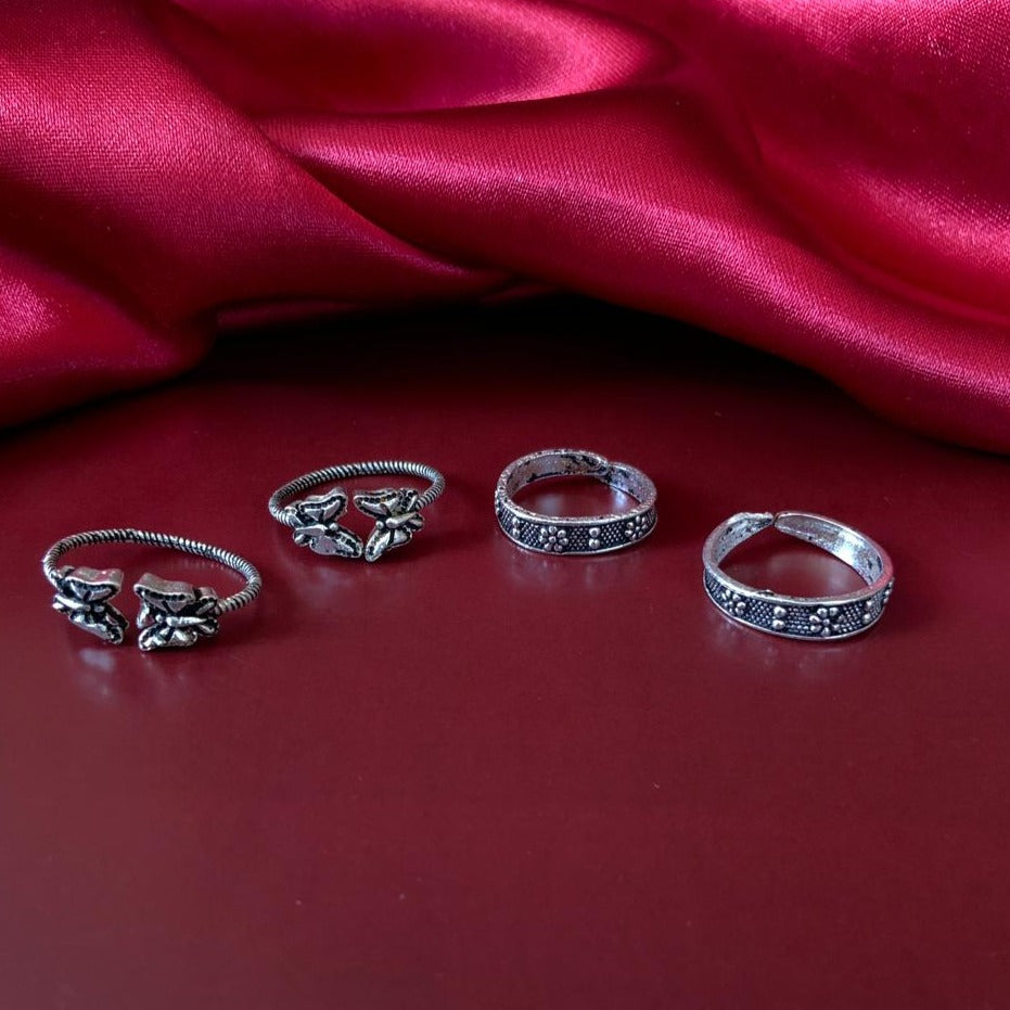 Silver Oxidized 2 Pairs Toe Rings Combo