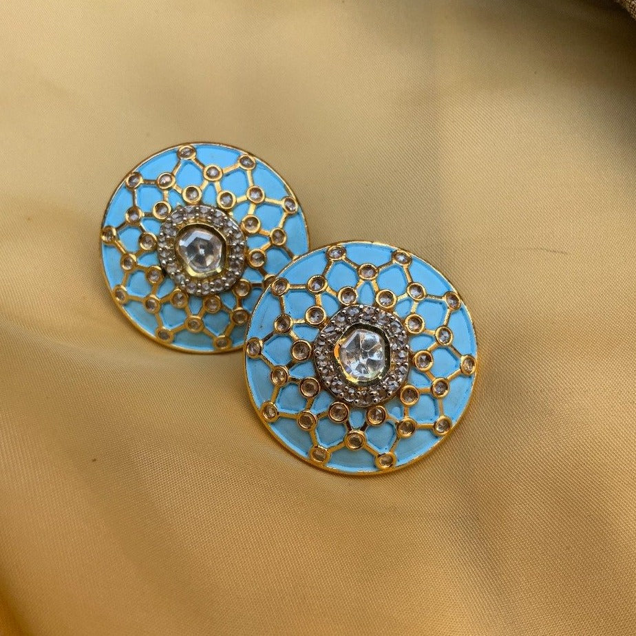Superior Blue Round Kundan Gold Plated Stud Earrings
