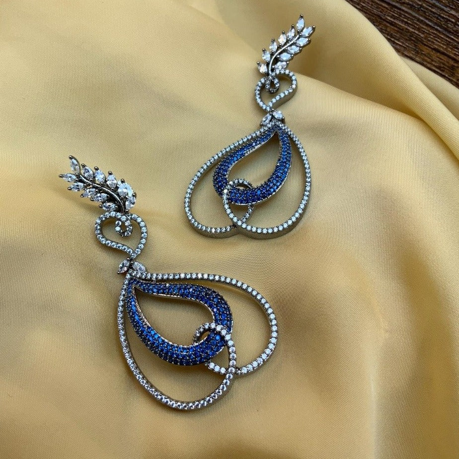 Royal Blue Abstract Silver American Diamond Earrings