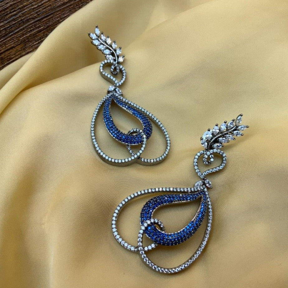 Royal Blue Abstract Silver American Diamond Earrings