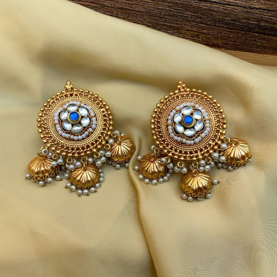 Floral Inspired Kundan Blue Stone Earring